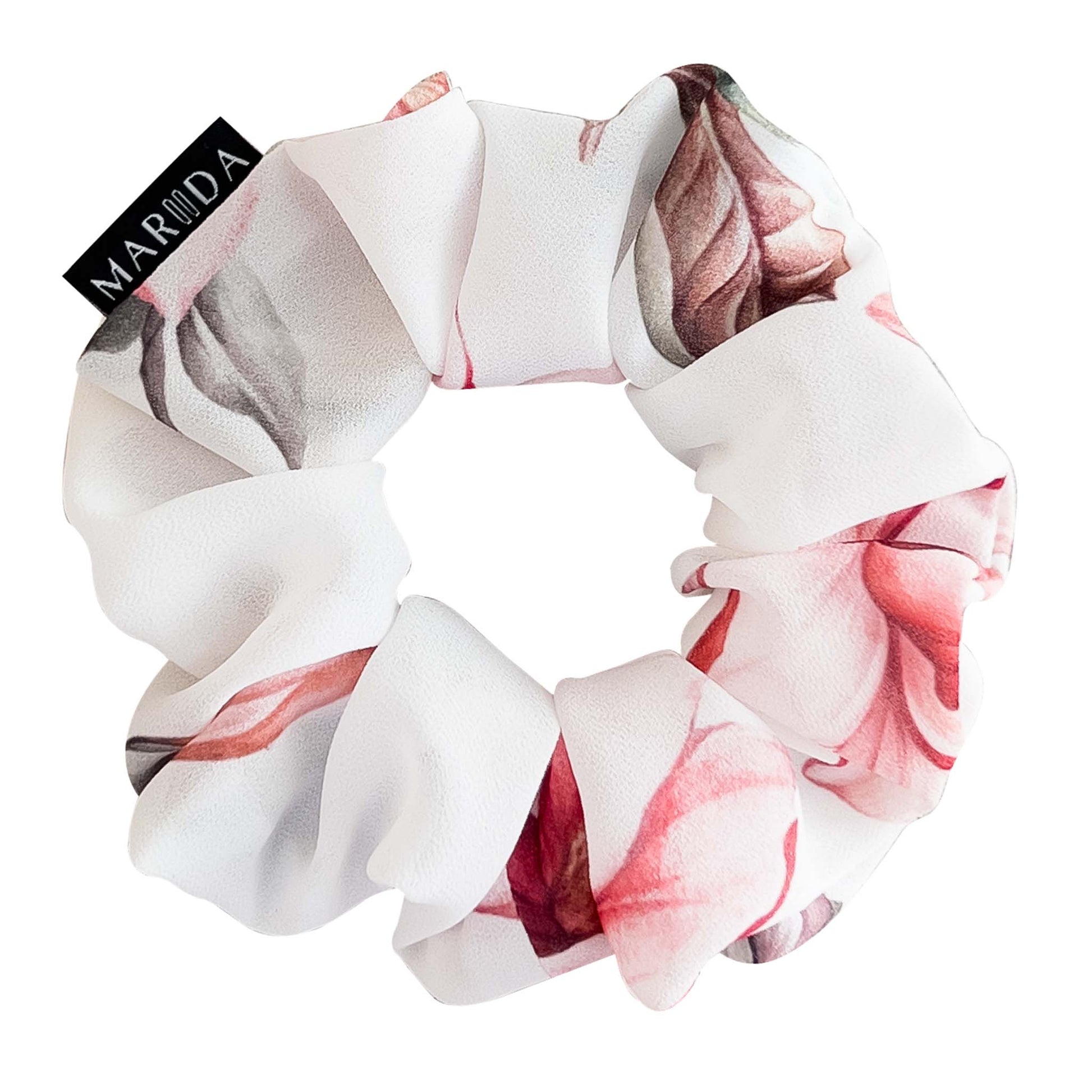 Scrunchie large in tessuto riciclato bianco e fiori rosa
